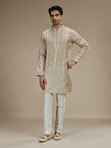 Beige mens paisley embroidered tussar kurta suit