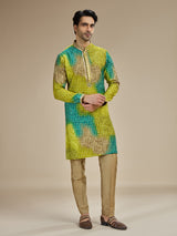 Green mens bandhani zari georgette silk kurta pajama