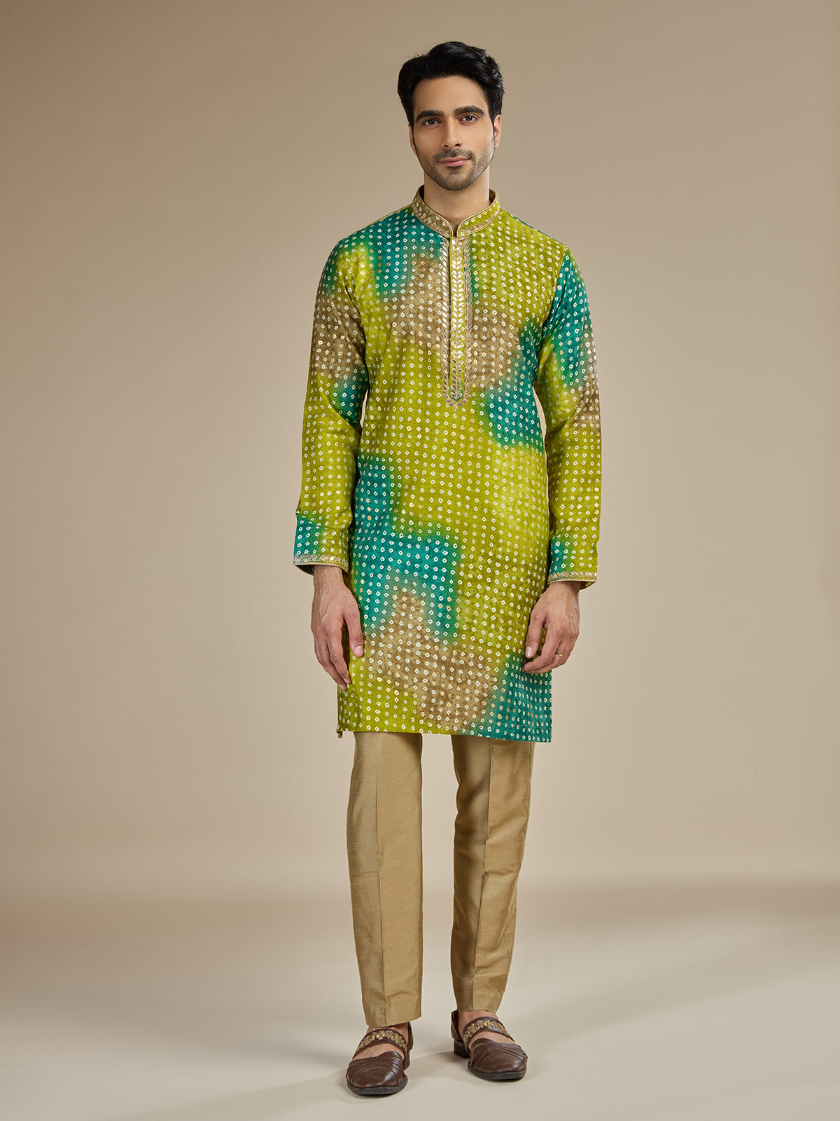 Green mens bandhani zari georgette silk kurta pajama