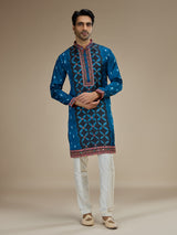 Blue mens gujarati abhla embroidered satin linen kurta pajama