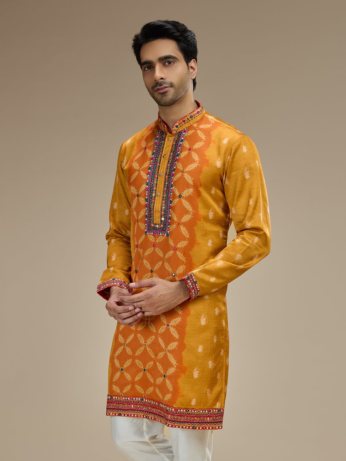 Mustard yellow mens gujarati resham satin linen kurta suit