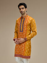 Mustard yellow mens gujarati resham satin linen kurta suit