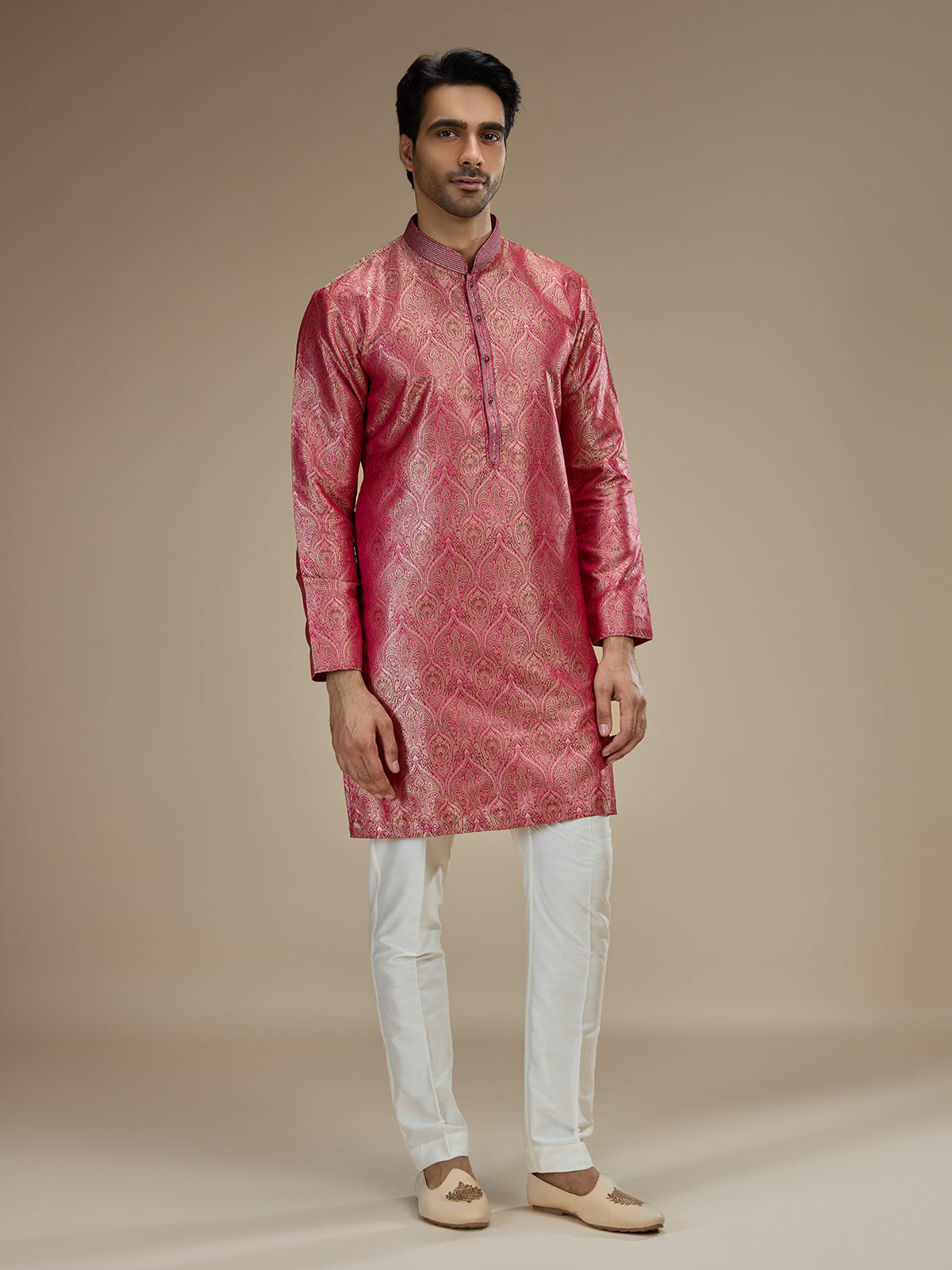 Pink mens heritage floral banarasi  brocade kurta pajama