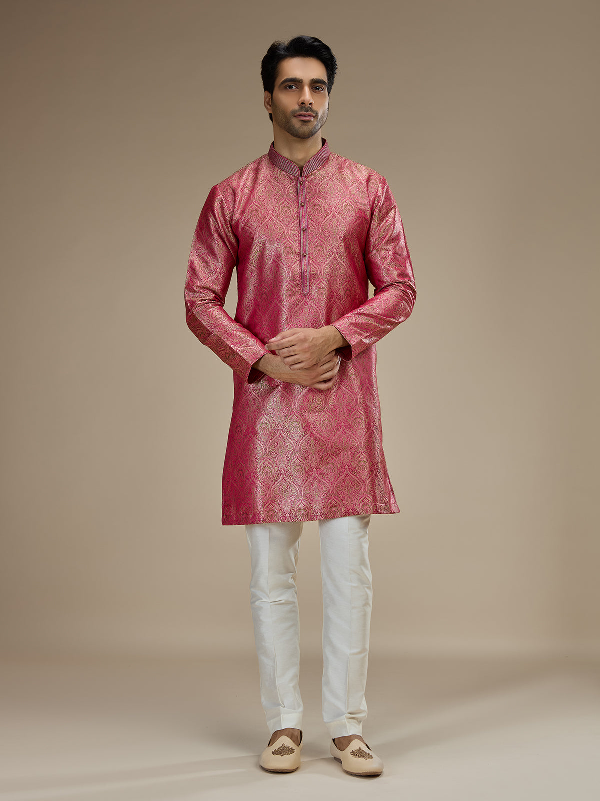 Pink mens heritage floral banarasi  brocade kurta pajama