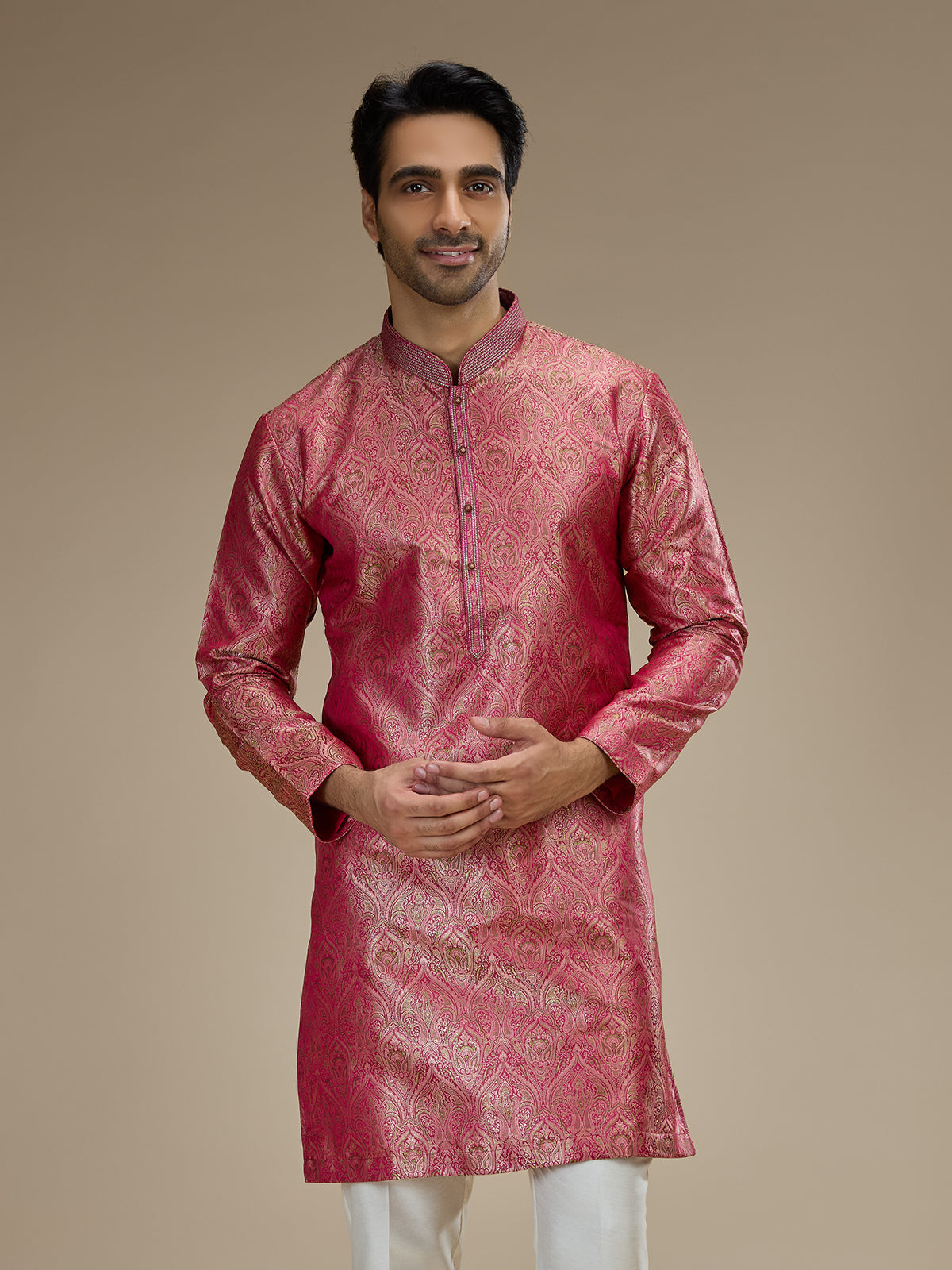 Pink mens heritage floral banarasi  brocade kurta pajama