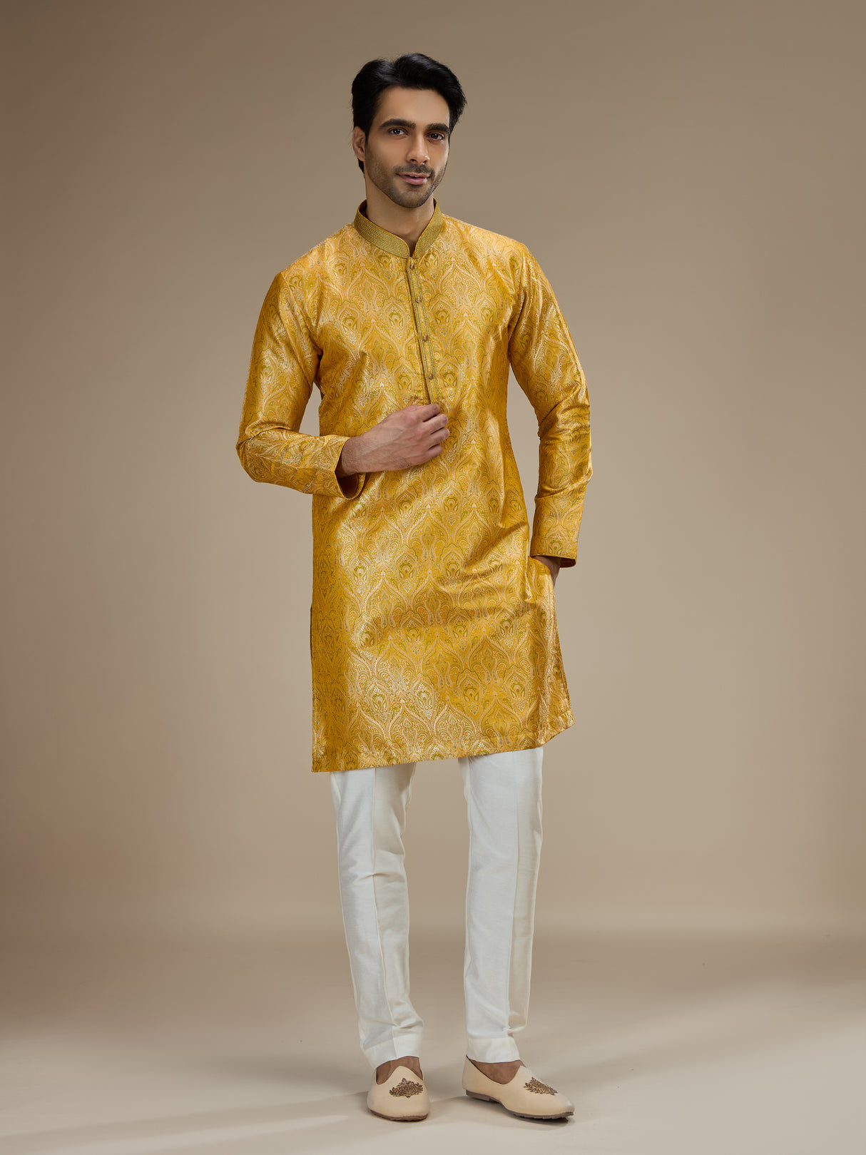 Yellow mens classic floral banarasi  brocade kurta suit
