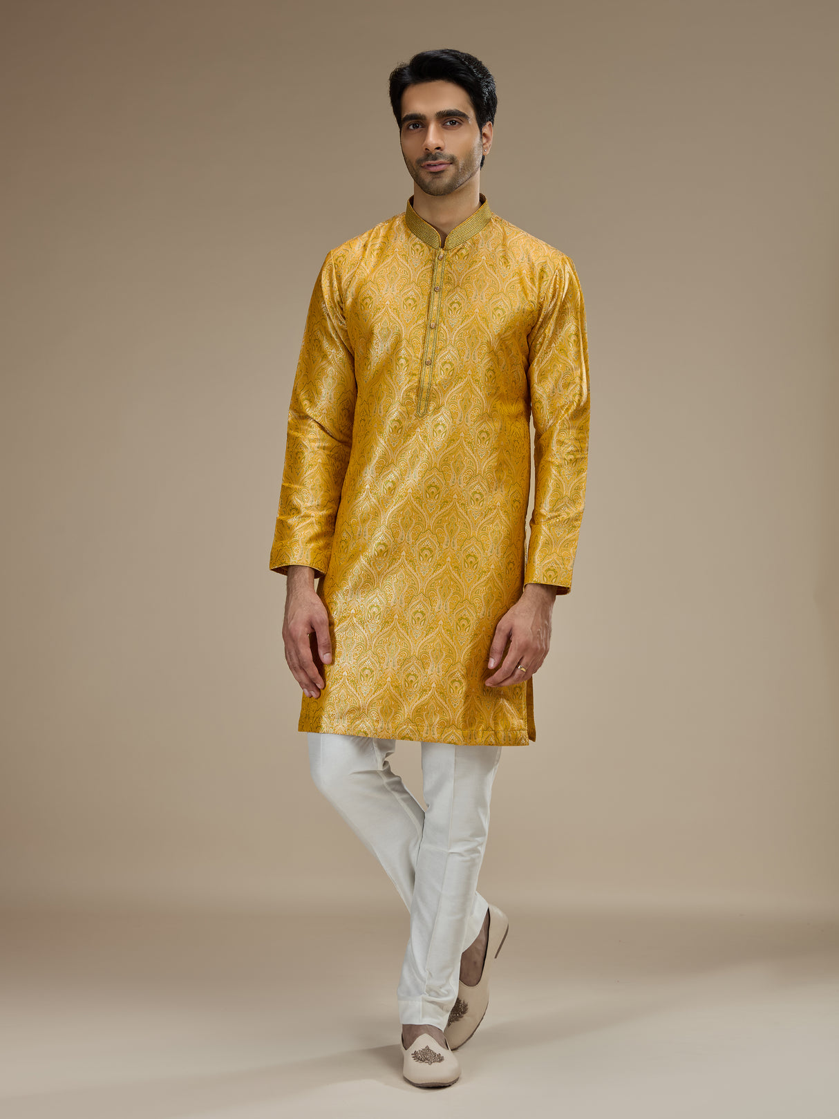 Yellow mens classic floral banarasi  brocade kurta suit