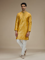 Yellow mens classic floral banarasi  brocade kurta suit