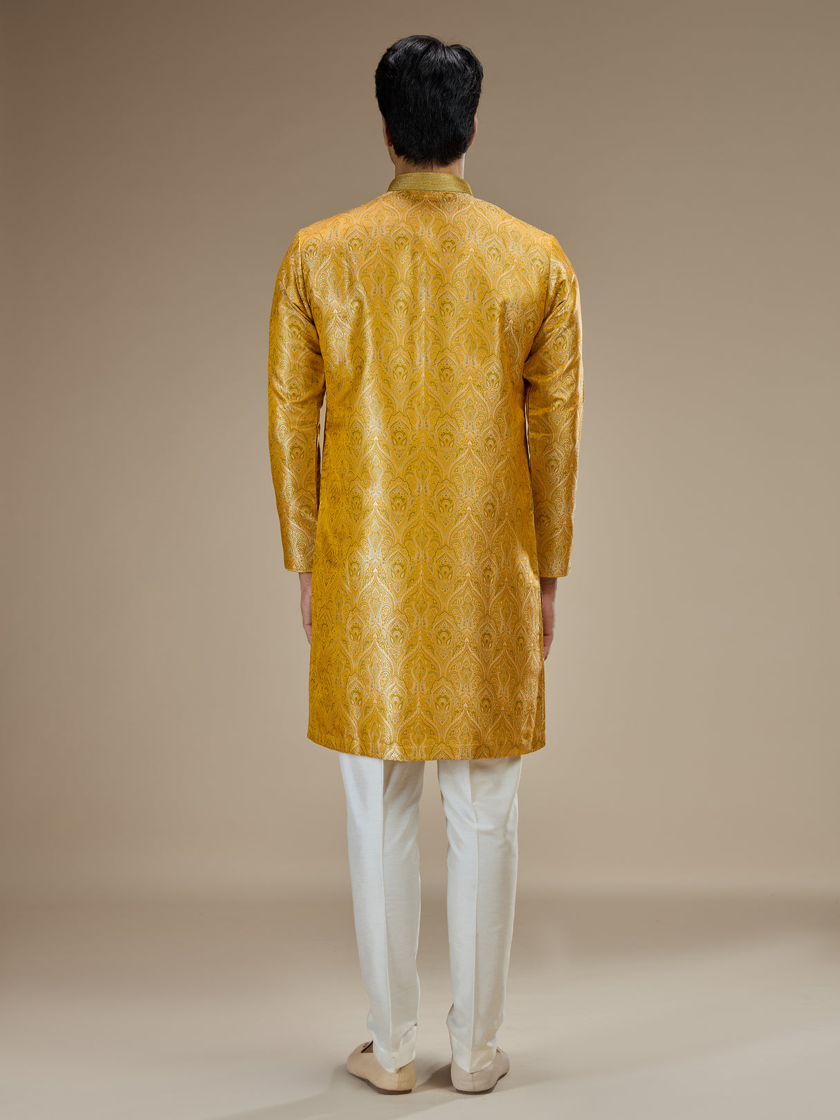 Yellow mens classic floral banarasi  brocade kurta suit