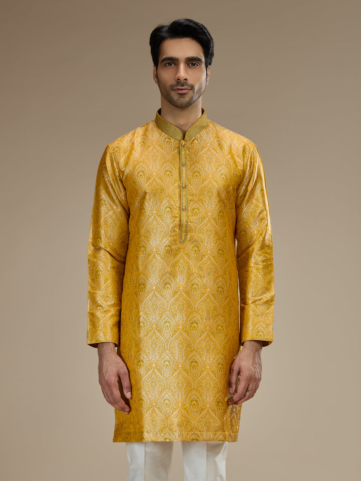 Yellow mens classic floral banarasi  brocade kurta suit