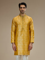 Yellow mens classic floral banarasi  brocade kurta suit