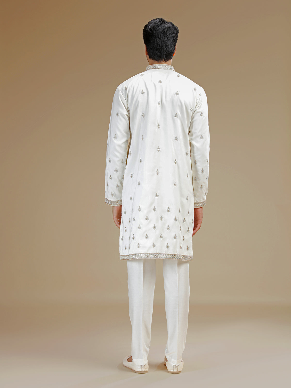 Off white royal paisley silk kurta suit for men