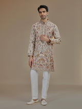Beige heritage Shikargah art silk kurta suit for men