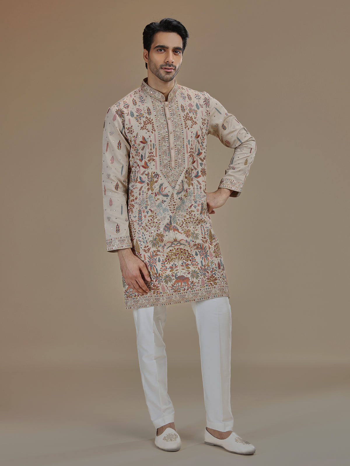 Beige heritage Shikargah art silk kurta suit for men