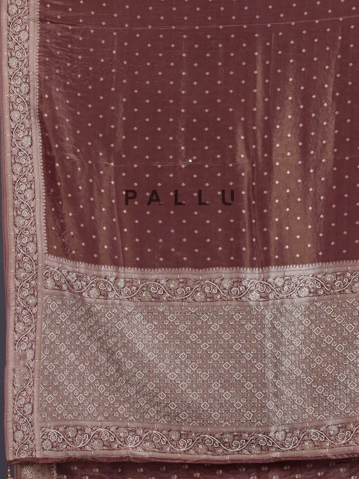 Chocolate brown silk saree with luxurious butti and tassels