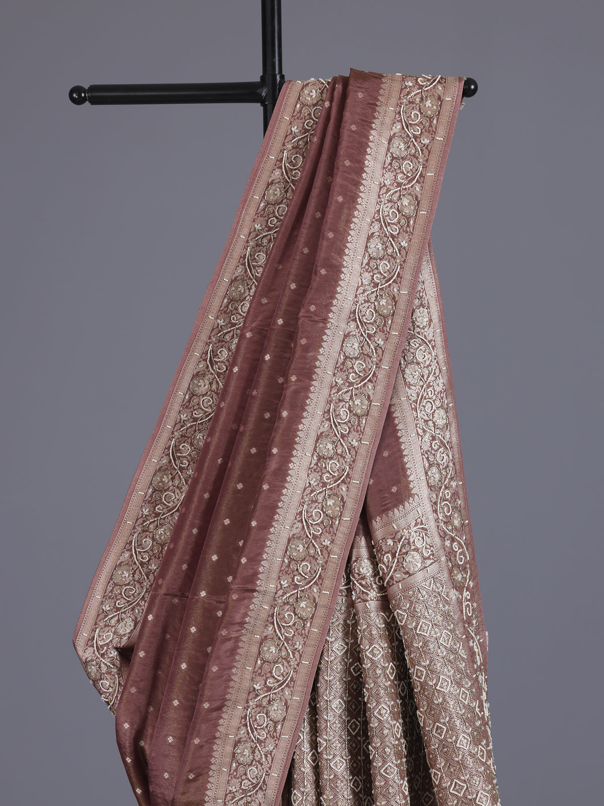 Chocolate brown silk saree with luxurious butti and tassels