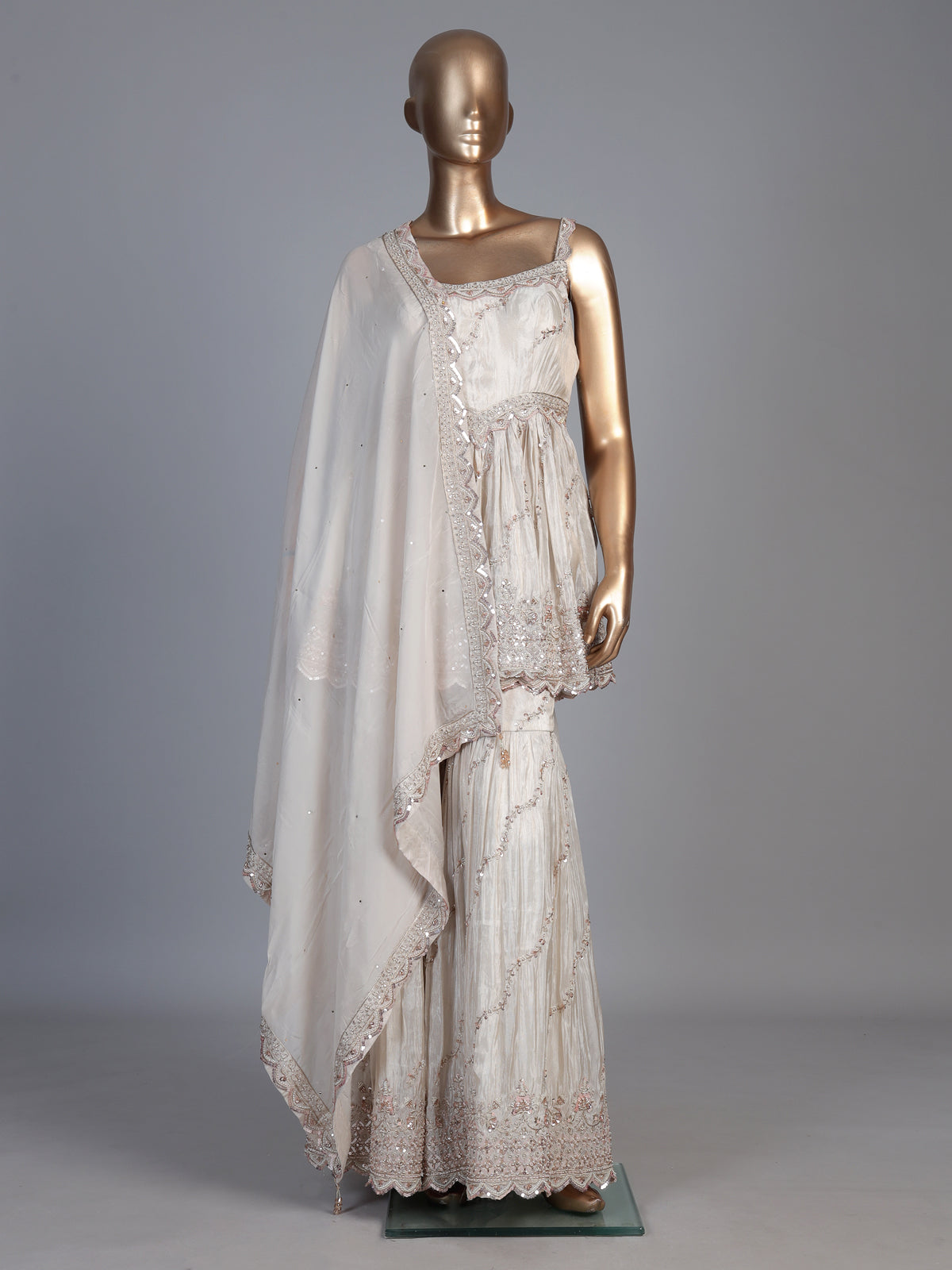 Cream embellished silk pakistani style sharara suit