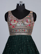 Bottle green embroidered and sequins georgette anarkali suit