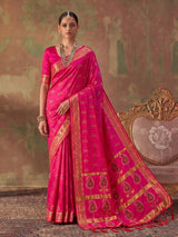 Pink zari woven women saree with unstitched blouse