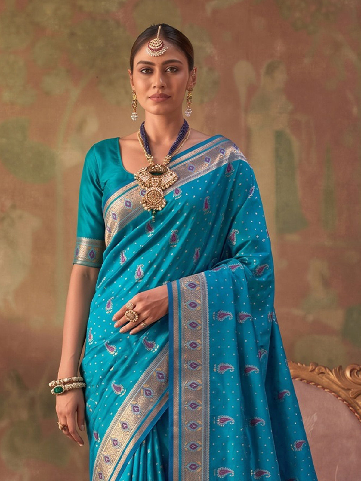 Blue zari woven women saree for festive celebration