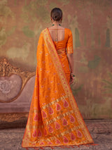 Orange zari woven women saree with unstitched blouse