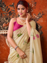 Cream lotus printed women saree with unstitched contrast blouse