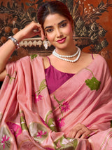 Pink lotus printed women saree with unstitched contrast blouse