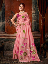 Pink lotus printed women saree with unstitched contrast blouse