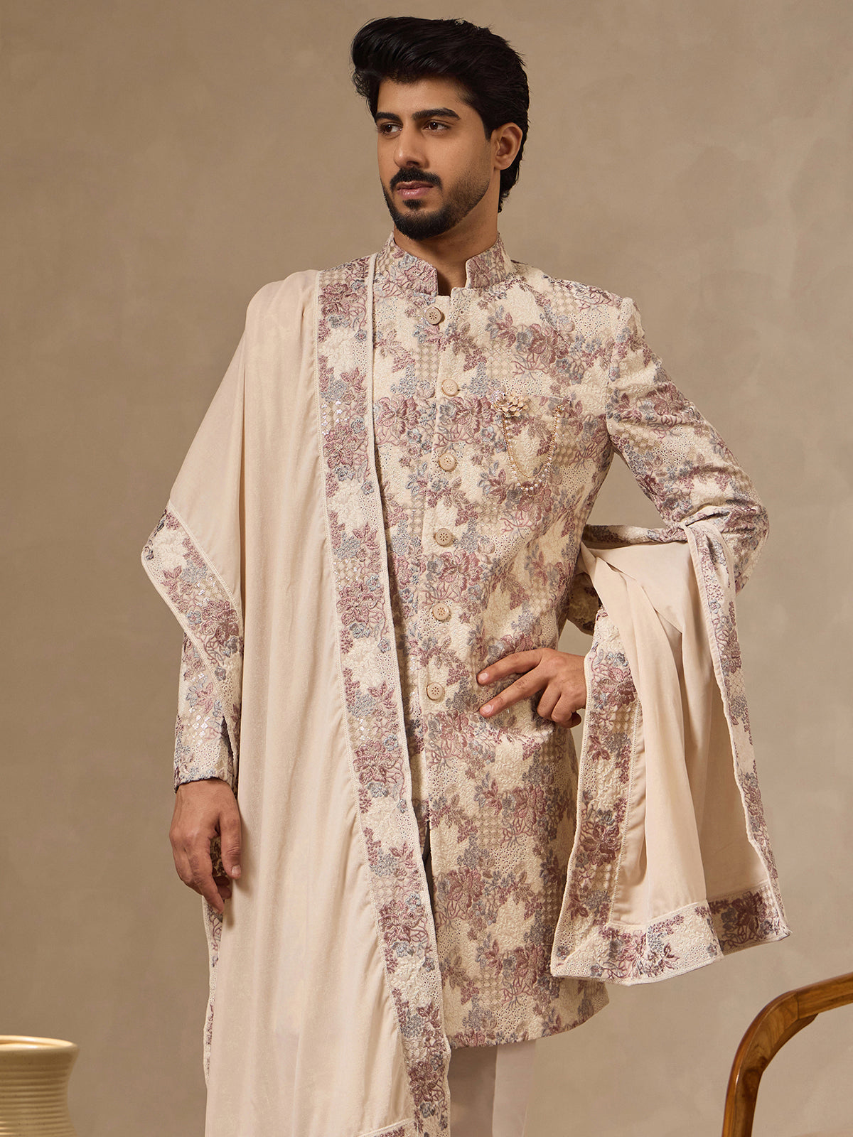Fawn art silk mens embroidered Indo western