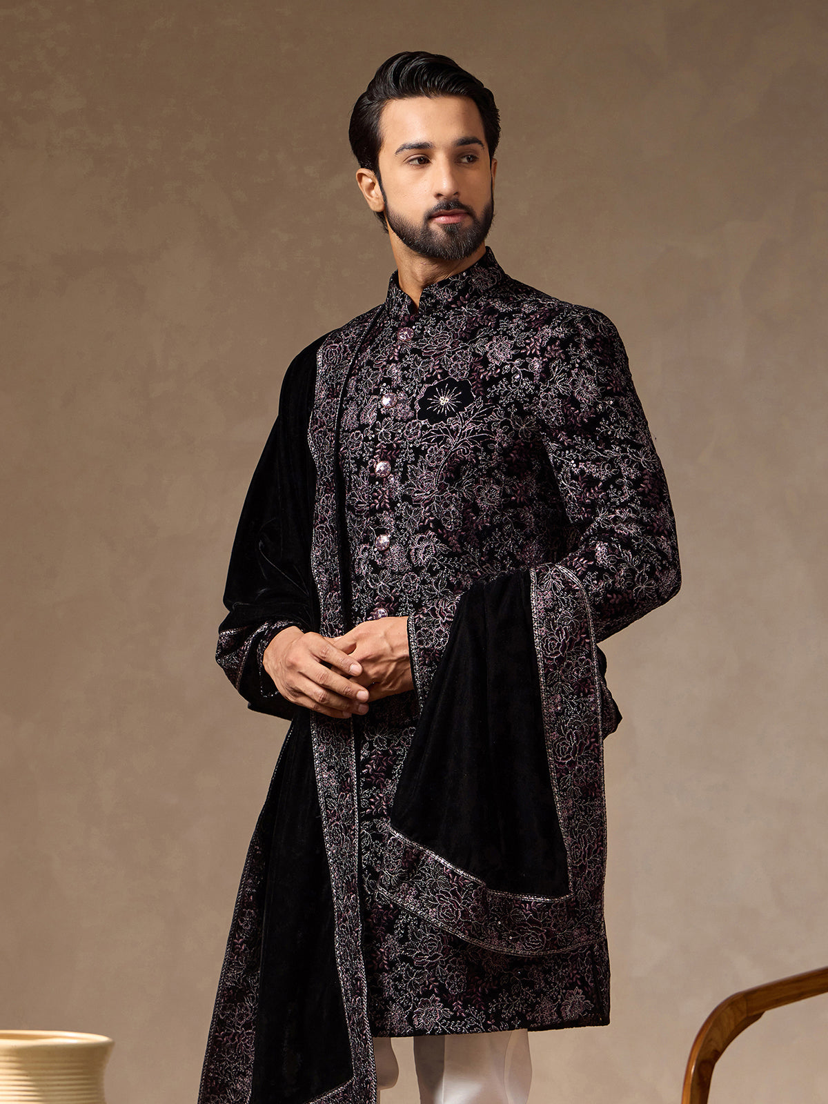 Deep wine velvet silk mens Indo western