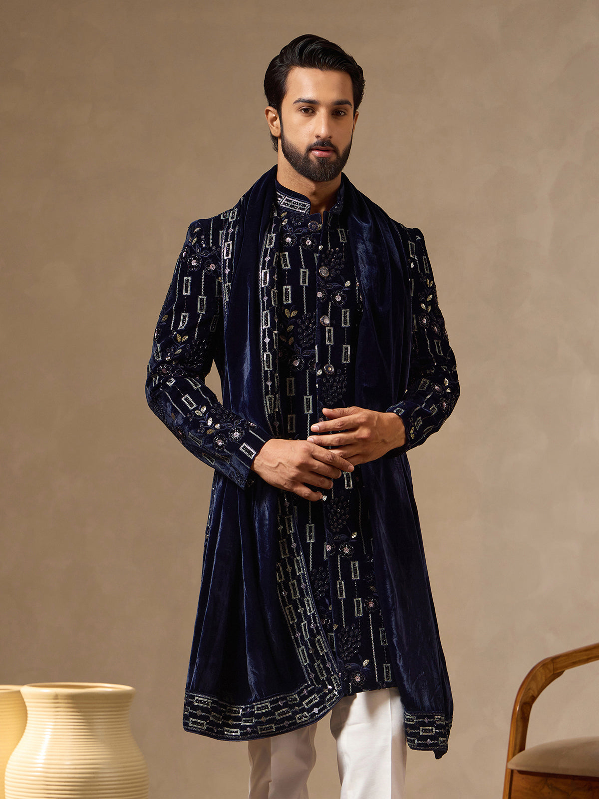 Navy blue velvet mens geometric Indo western