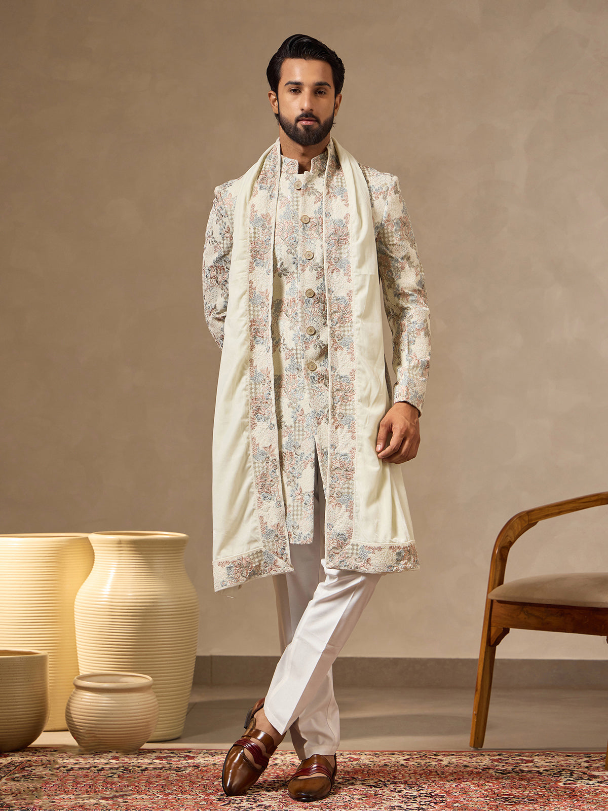 Cream art silk mens floral Indo western