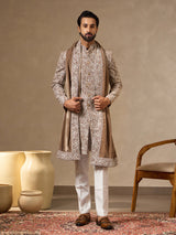 Khaki brown silk mens paisley Indo western