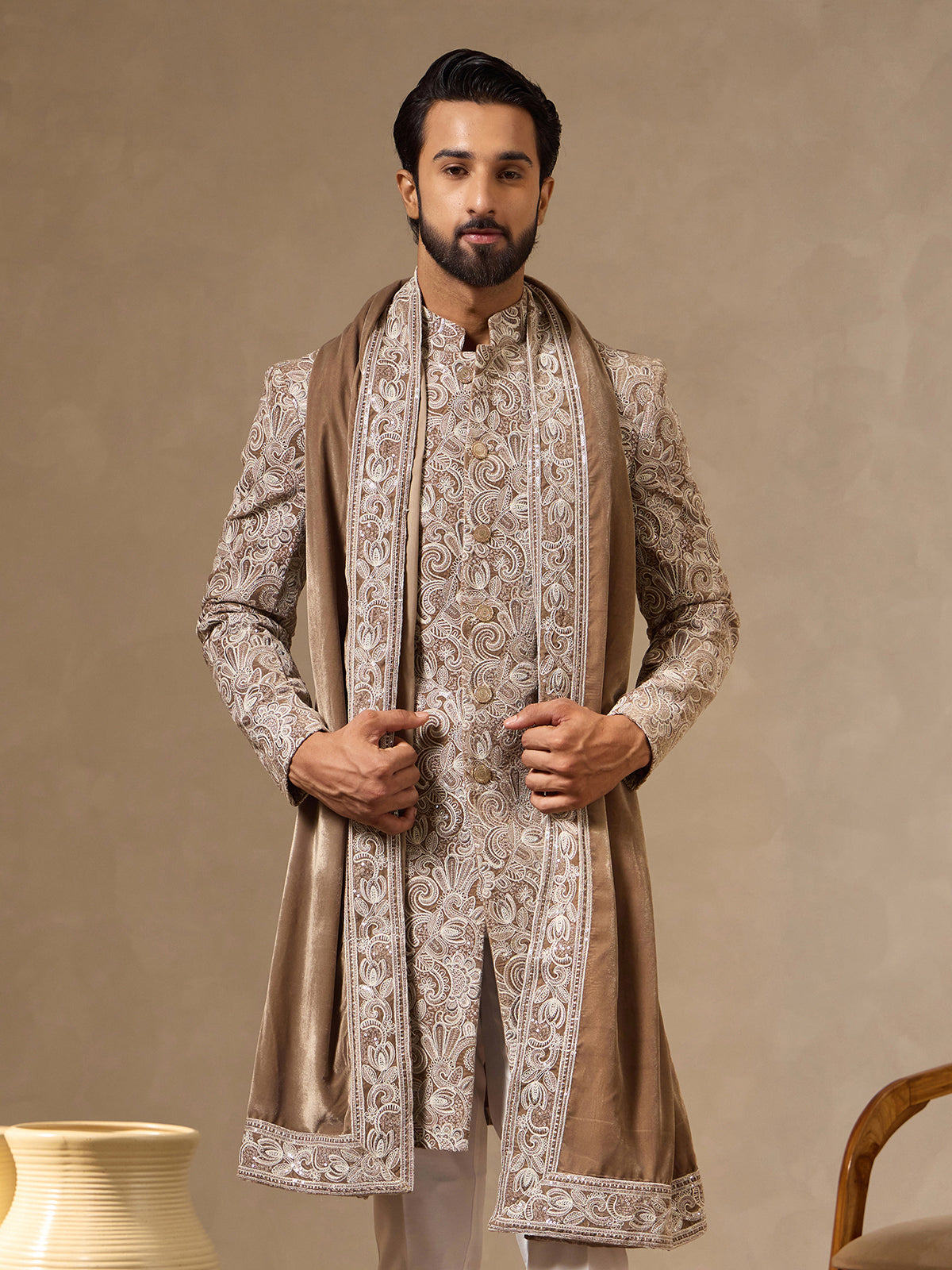Khaki brown silk mens paisley Indo western
