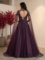 Wine womens designer choker cape gown
