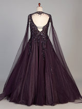 Wine womens designer choker cape gown