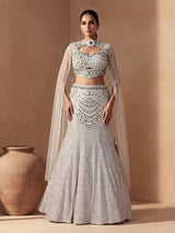 Off white womens silver sequin lehenga