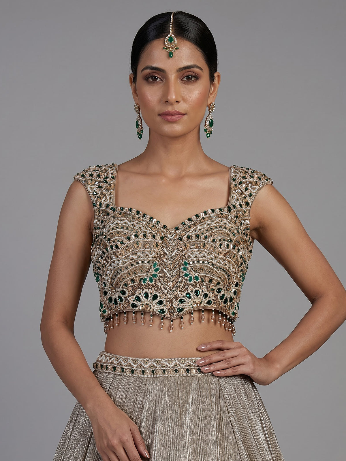 Gold womens emerald stone lehenga choli