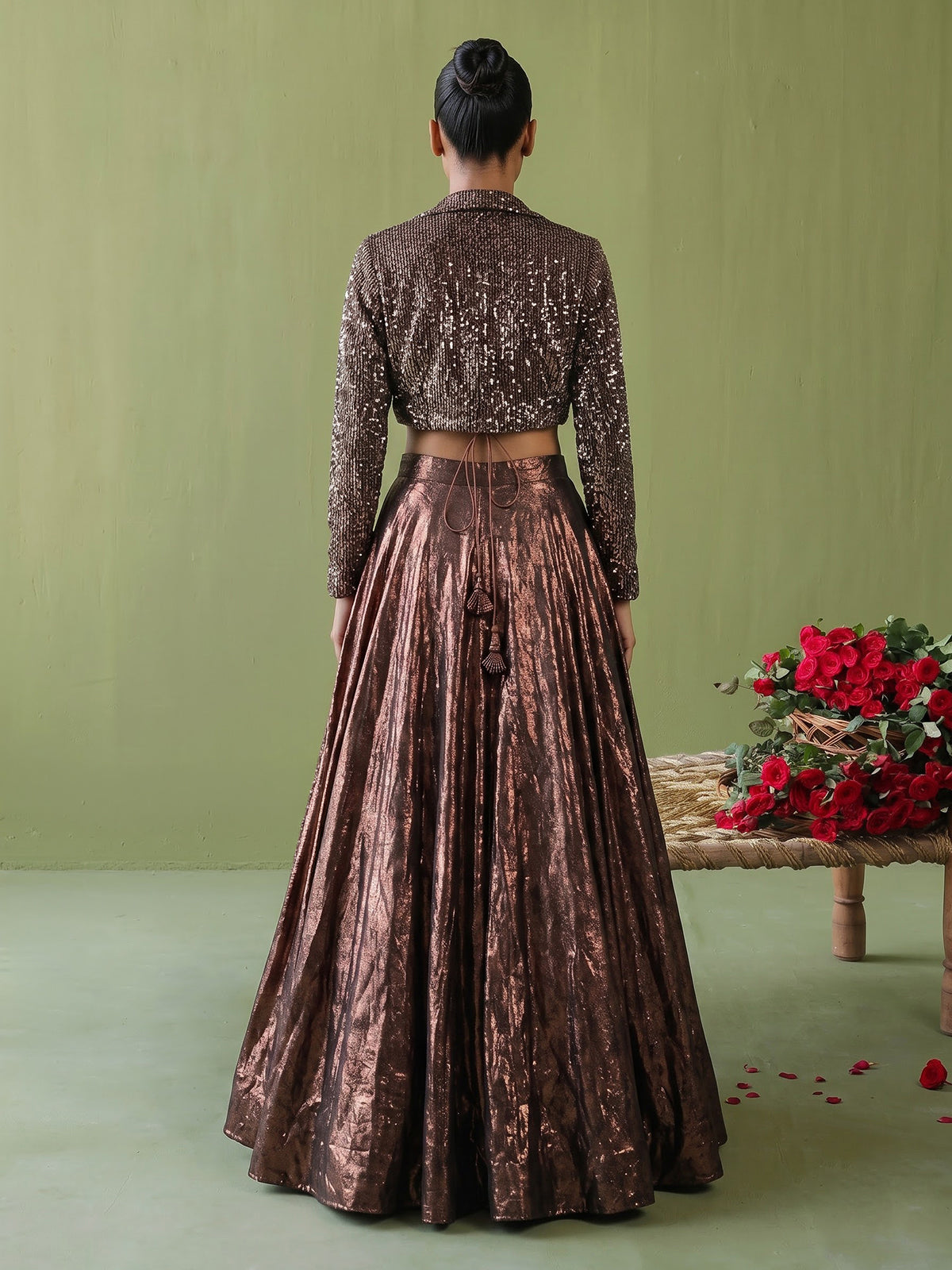 Brown womens metallic couture lehenga choli