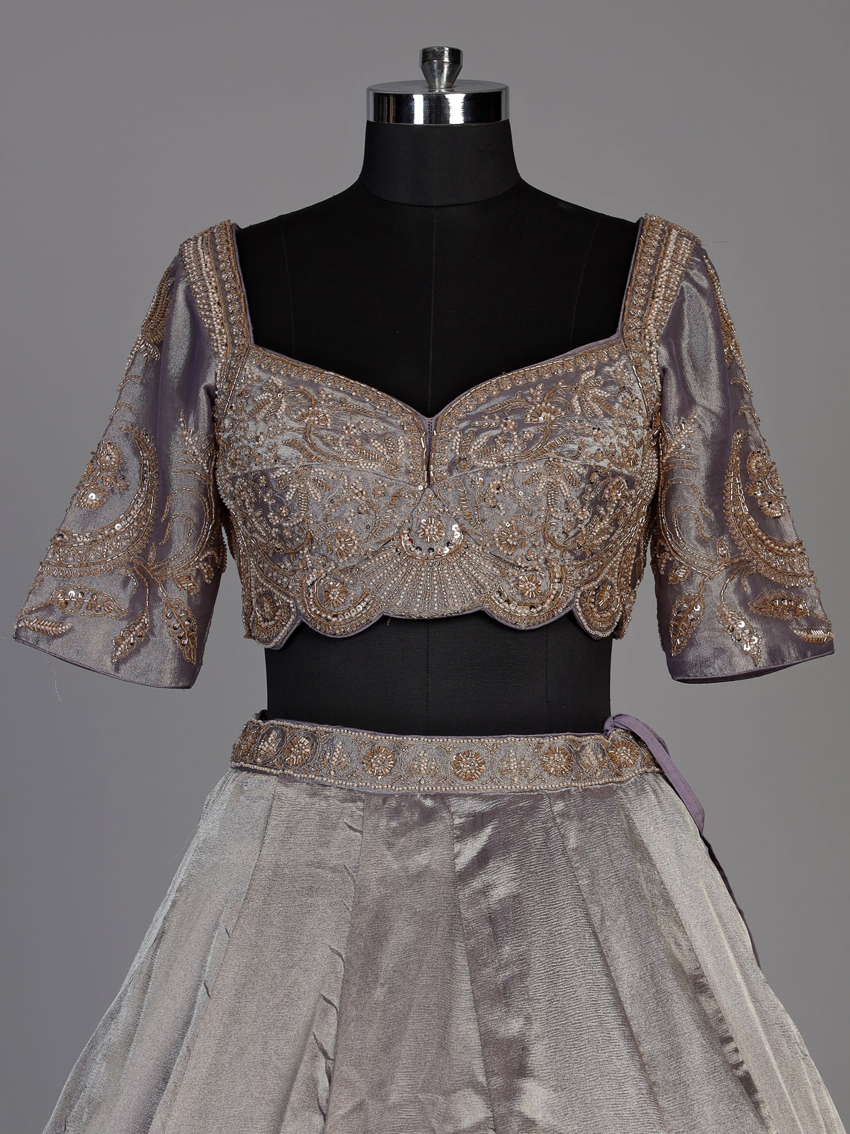 Lilac purple womens embellished tissue lehenga choli