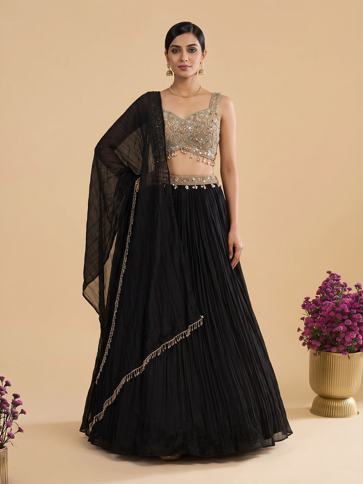 Black womens elegant crushed lehenga choli