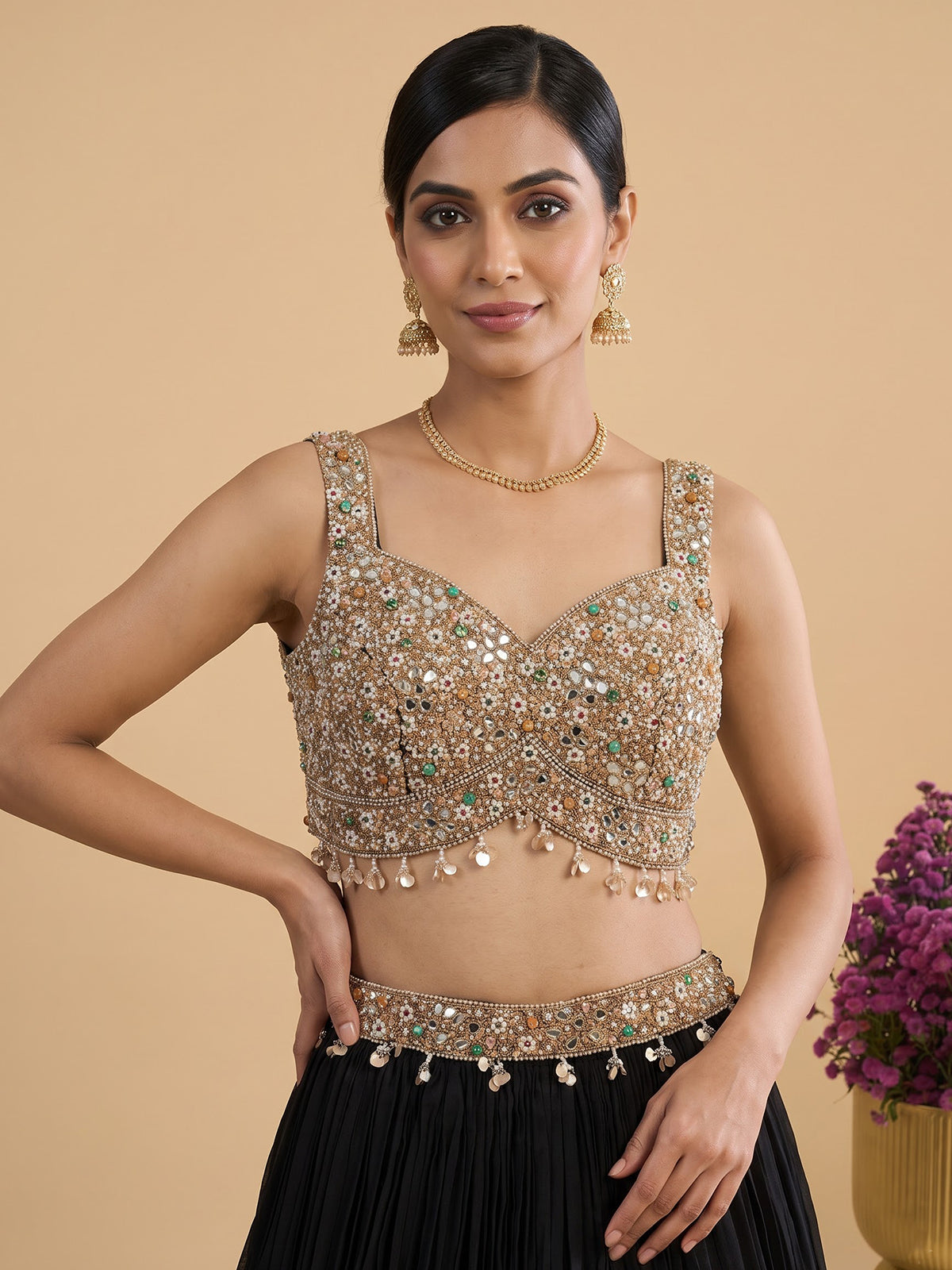 Black womens elegant crushed lehenga choli