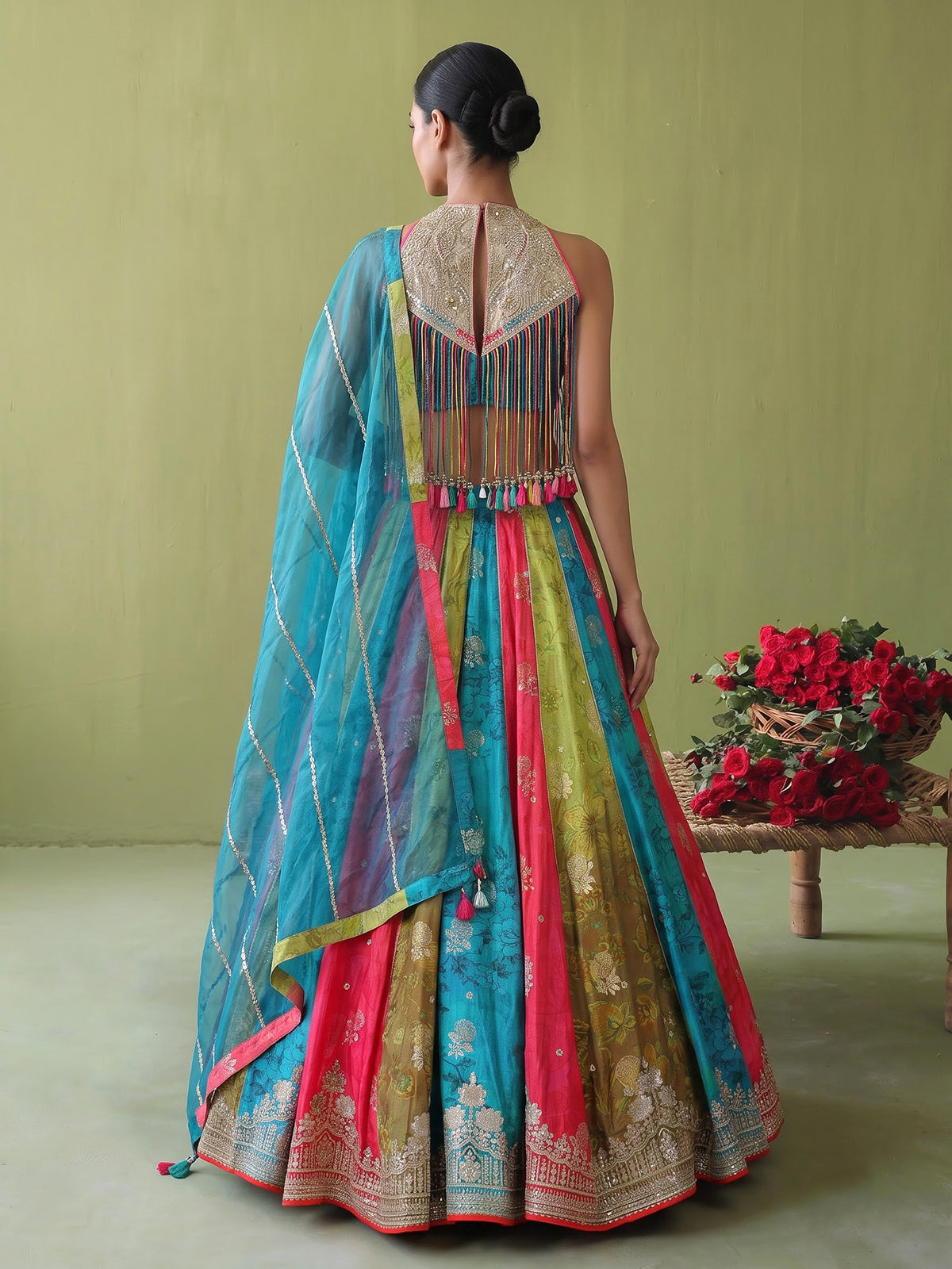 Multi color womens coin fringe lehenga choli