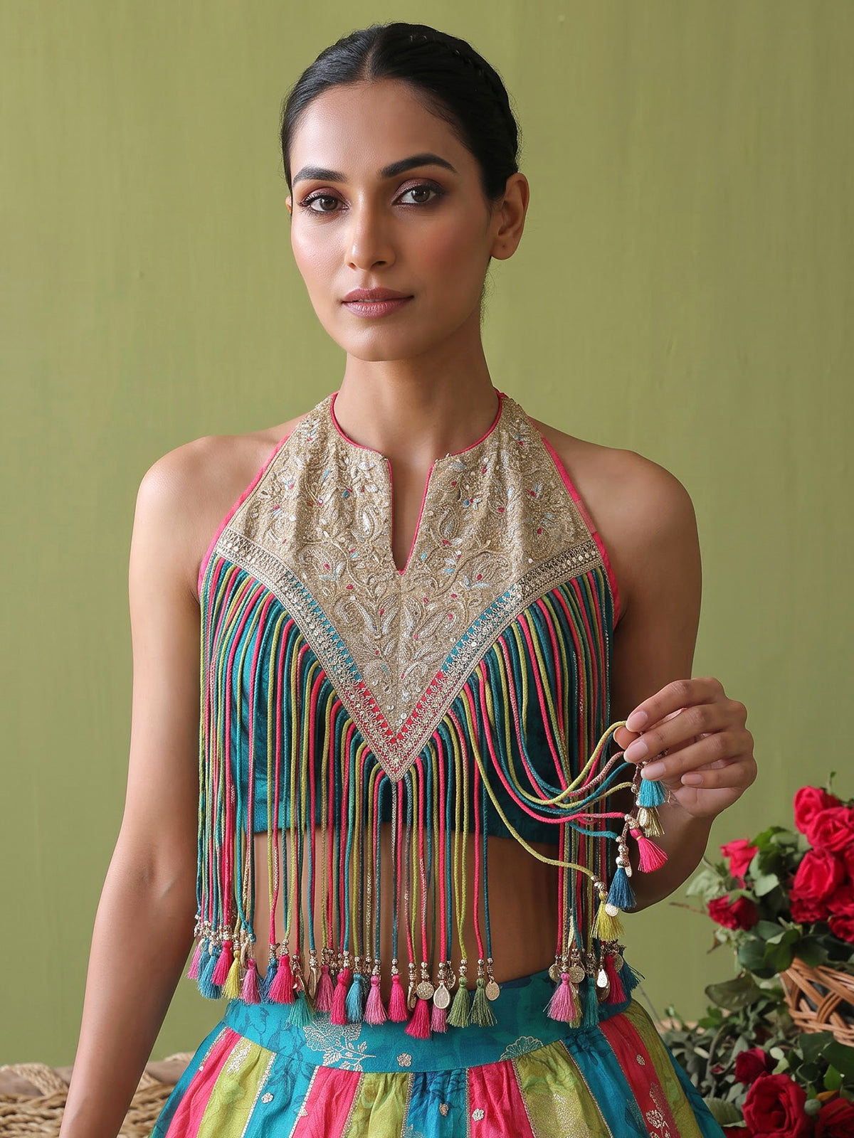Multi color womens coin fringe lehenga choli