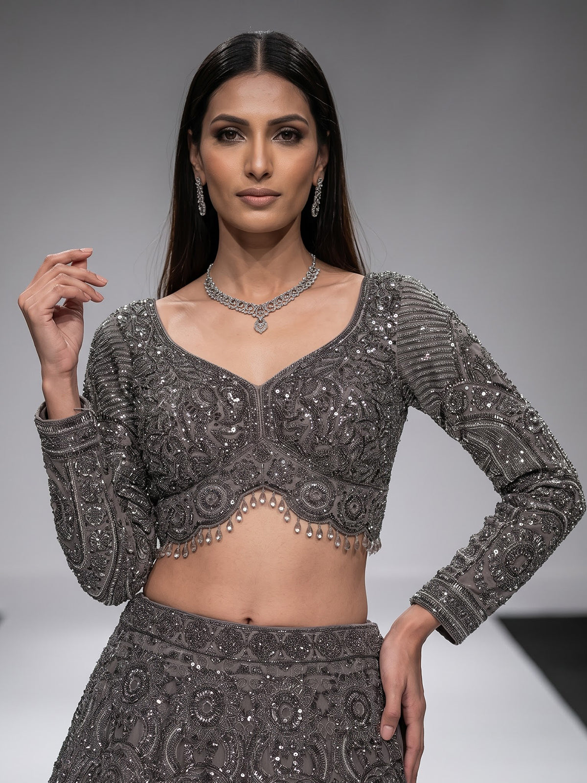 Deep grey womens crystal embellished lehenga