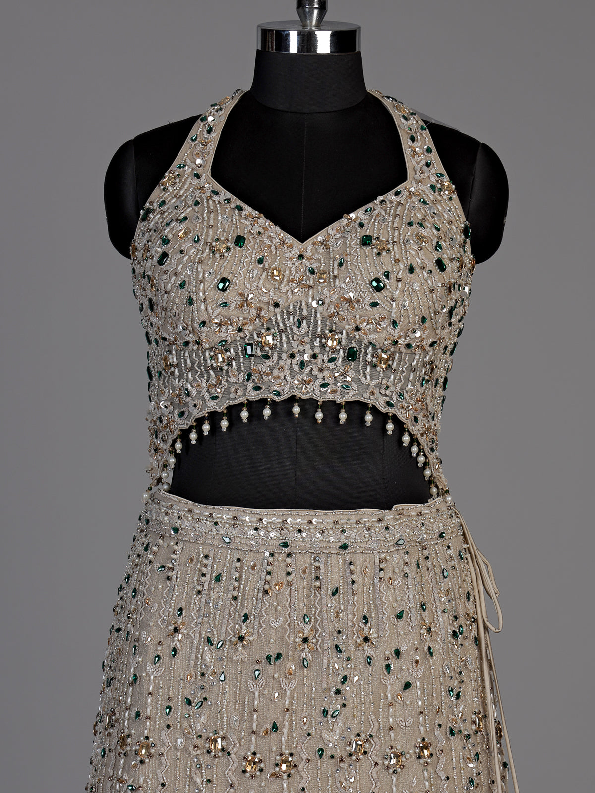 Beige womens emerald crystal lehenga choli