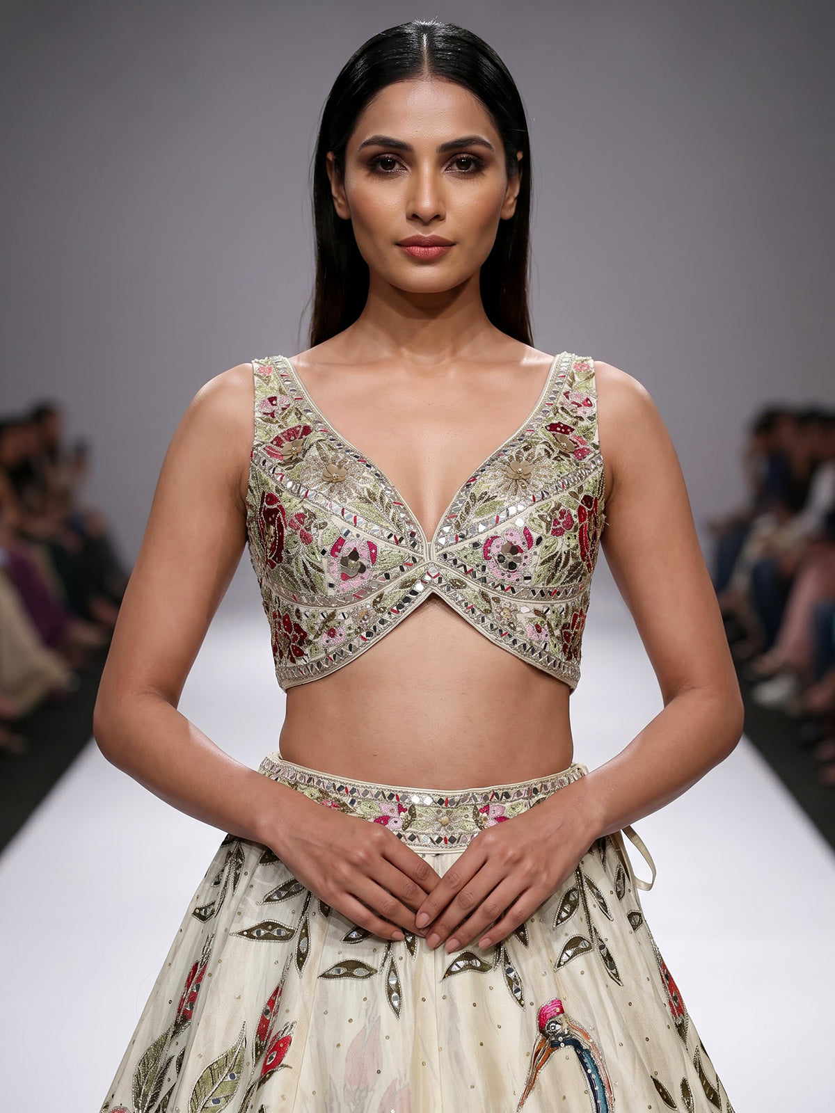 Cream womens floral raw silk lehenga