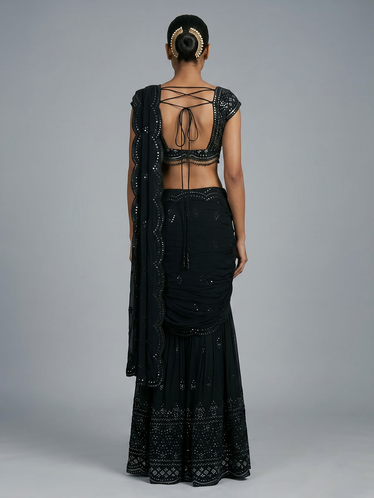 Black aabla embellished georgette sharara suit