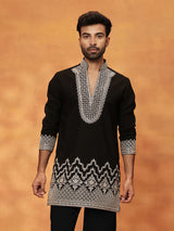 Black viscose crepe silk mens embroidered kurta suit