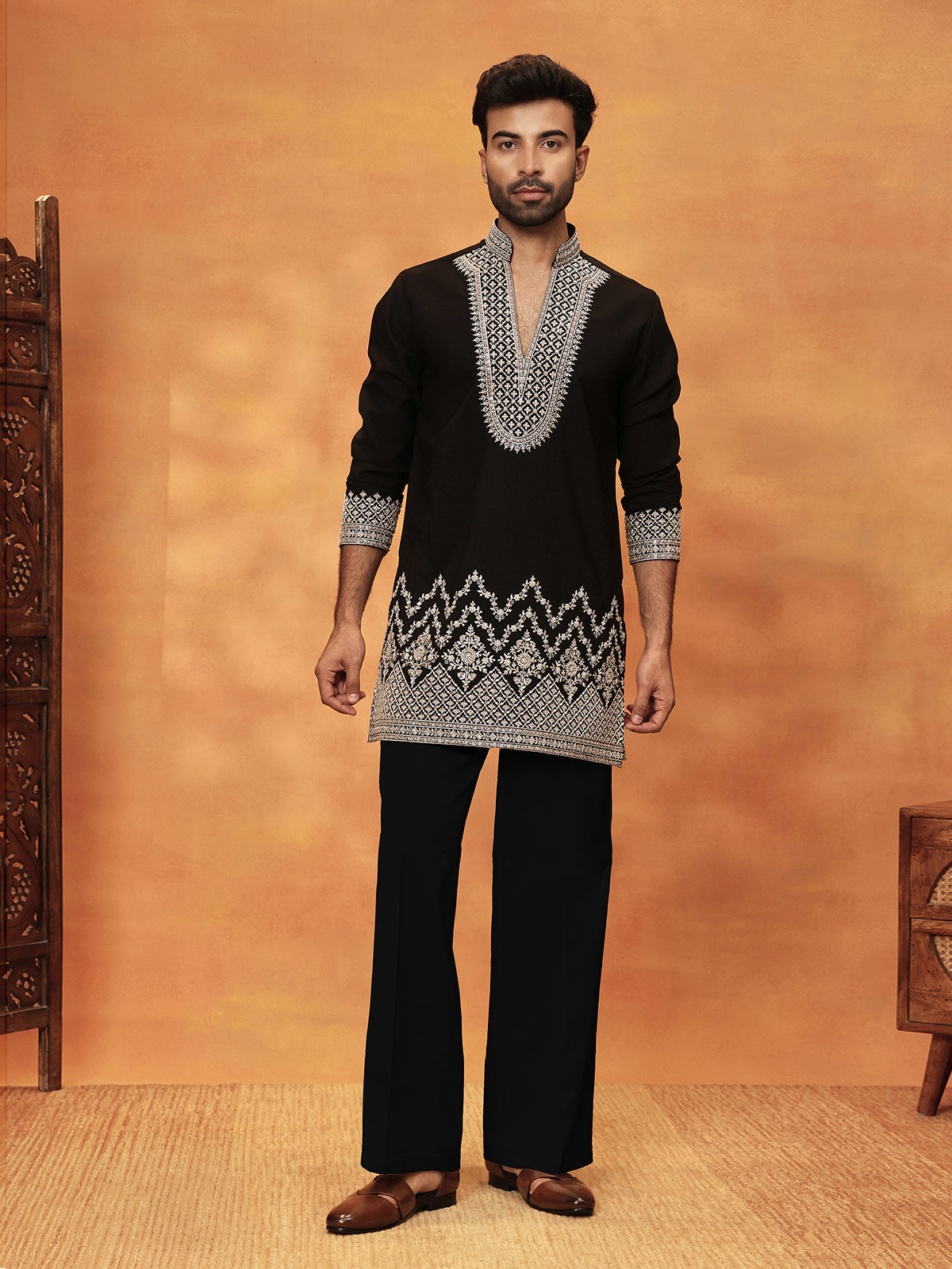 Black viscose crepe silk mens embroidered kurta suit